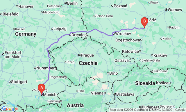 Route map Munich - Bełchatów