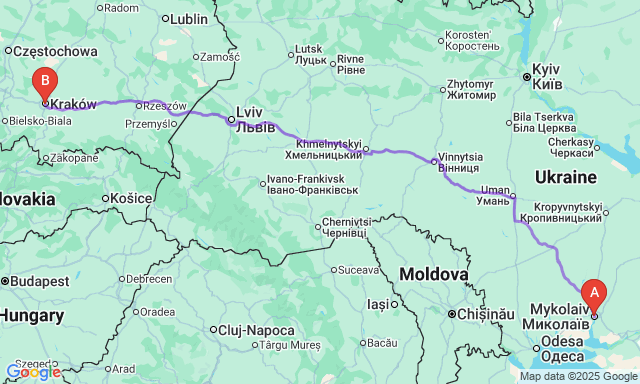 Карта маршруту Миколаїв - Краків