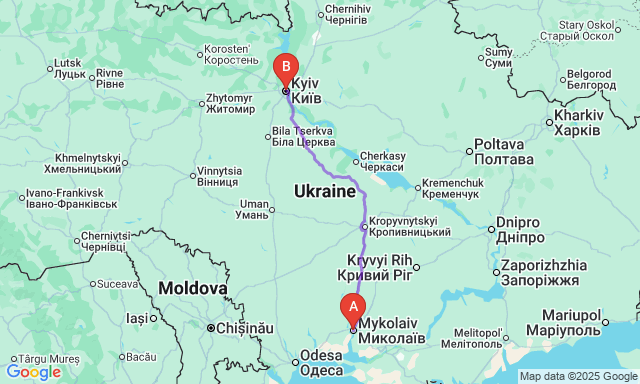 Карта маршруту Миколаїв - Київ