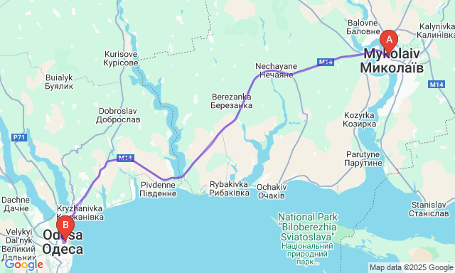 Карта маршруту Миколаїв - Одеса