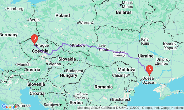 Карта маршруту Миколаїв - Прага