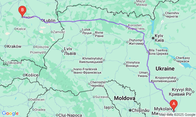 Карта маршруту Миколаїв - Радом