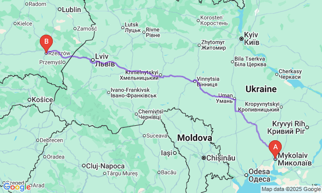 Карта маршруту Миколаїв - Ряшів