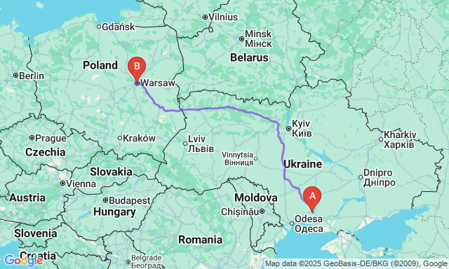 Карта маршруту Миколаїв - Варшава