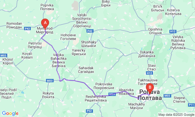Карта маршруту Миргород - Полтава