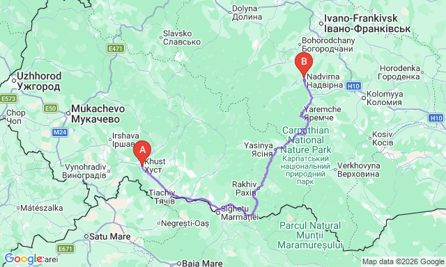 Карта маршруту Надвірна - Хуст