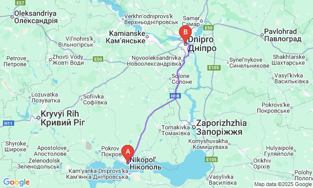 Карта маршруту Нікополь - Дніпро