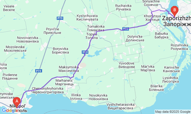 Карта маршруту Нікополь - Запоріжжя