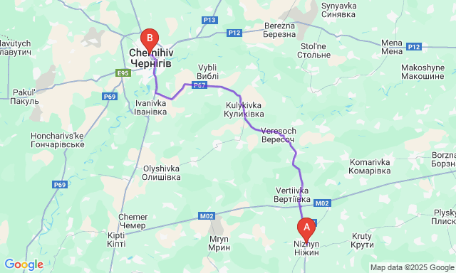 Карта маршруту Ніжин - Чернігів