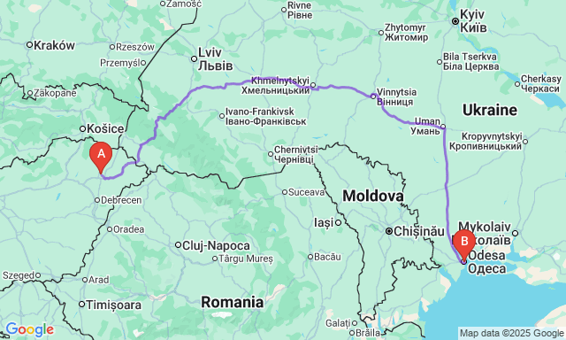 Route map Nyíregyháza - Odesa