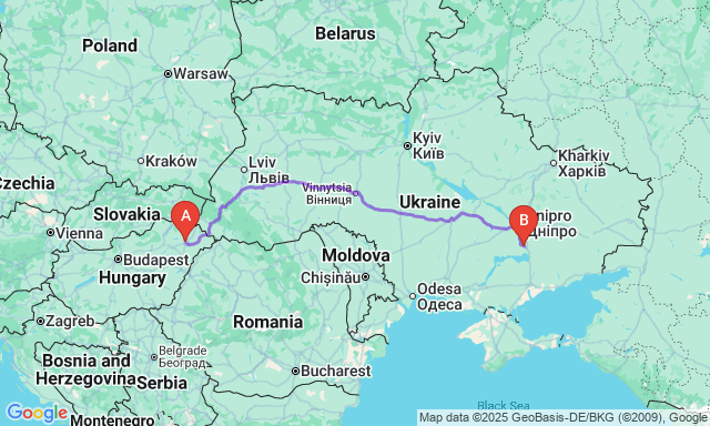 Route map Nyíregyháza - Zaporizhzhya