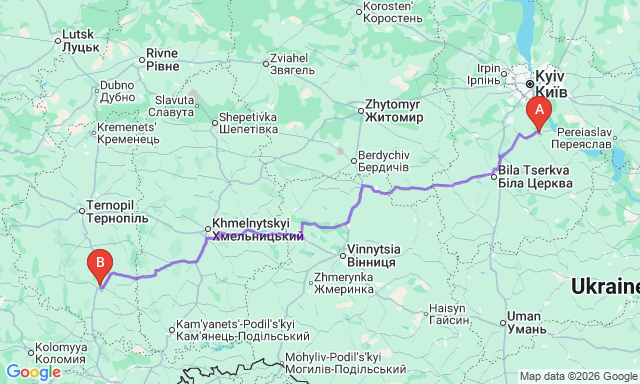 Route map Obukhiv - Chortkiv