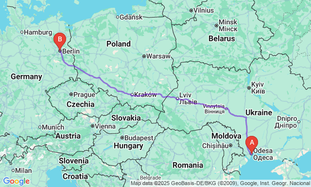 Карта маршруту Одеса - Берлін