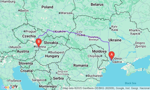 Карта маршруту Одеса - Братіслава