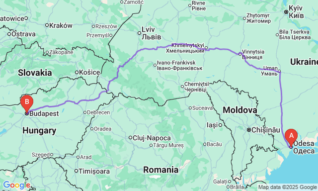 Карта маршруту Одеса - Будапешт