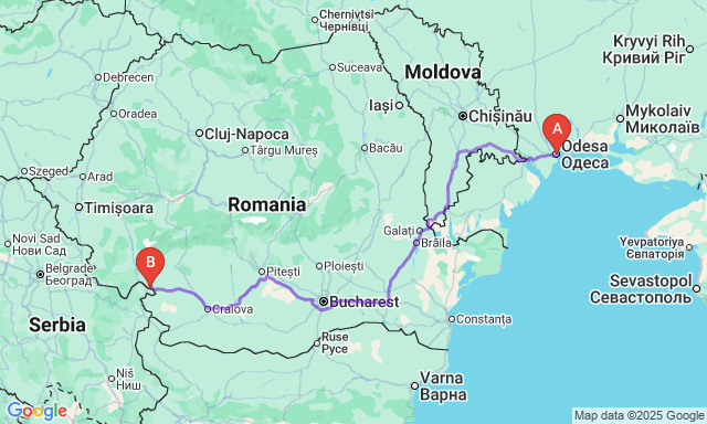 Route map Odesa - Drobeta-Turnu Severin
