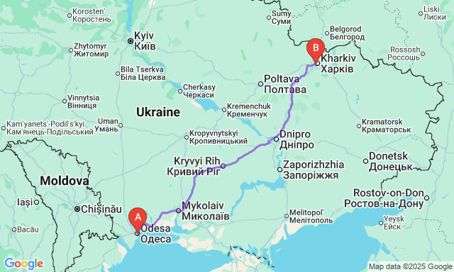 Карта маршруту Одеса - Харків