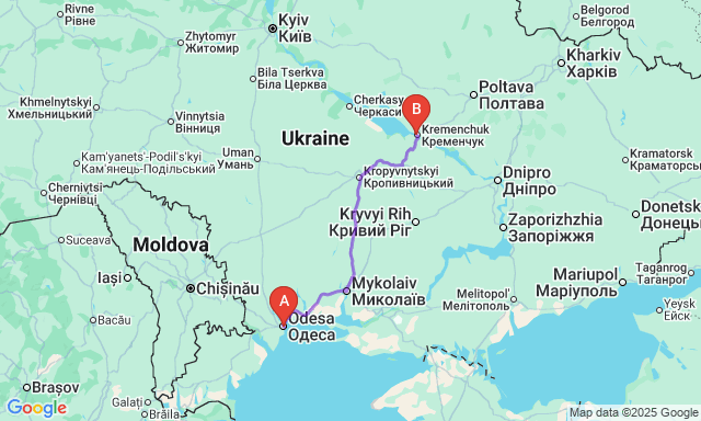 Карта маршруту Одеса - Кременчук