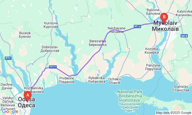 Карта маршруту Одеса - Миколаїв