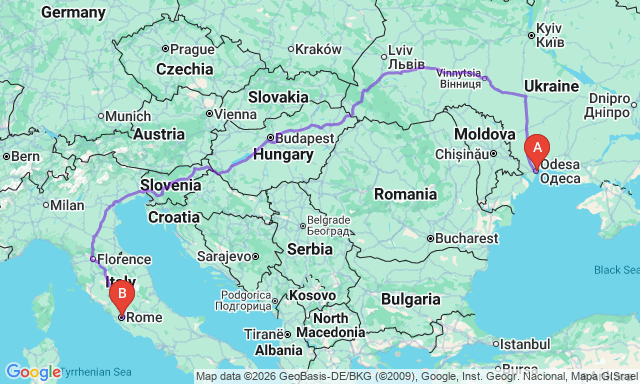 Карта маршруту Одеса - Рим