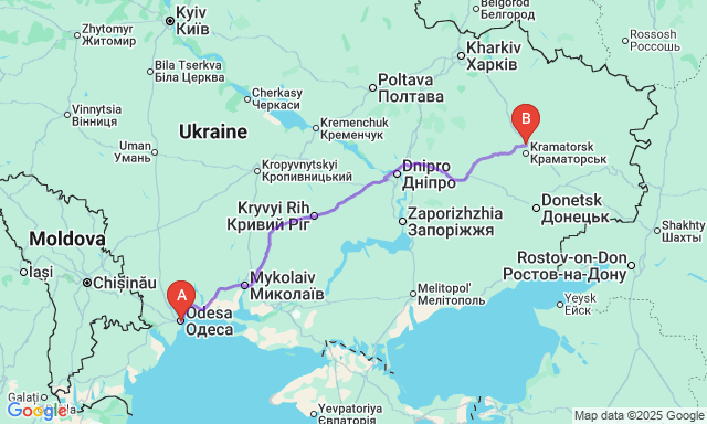 Карта маршруту Одеса - Слов'янськ