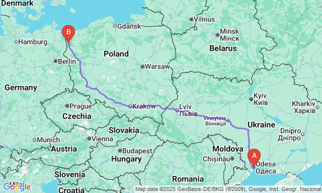 Карта маршруту Одеса - Щецин