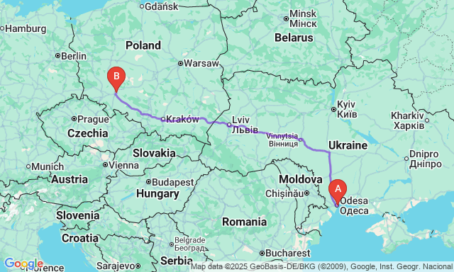 Карта маршруту Одеса - Вроцлав