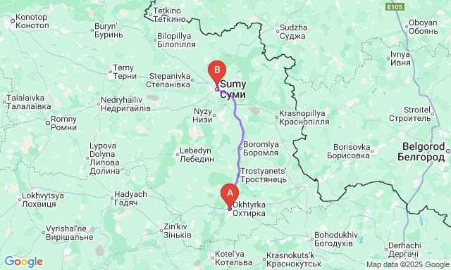 Карта маршруту Охтирка - Суми