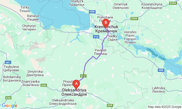 Карта маршруту Олександрія - Кременчук
