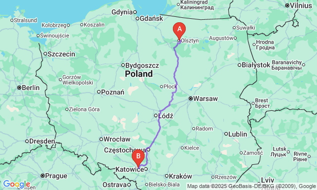 Route map Olsztyn - Gliwice
