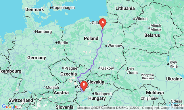 Route map Olsztyn - Győr