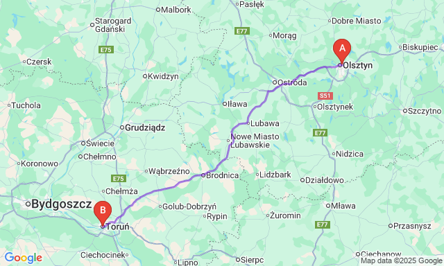 Route map Olsztyn - Torun