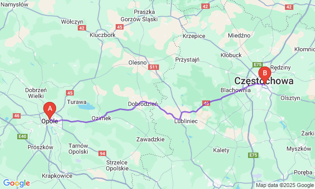 Route map Opole - Częstochowa