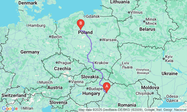 Route map Oradea - Bydgoszcz