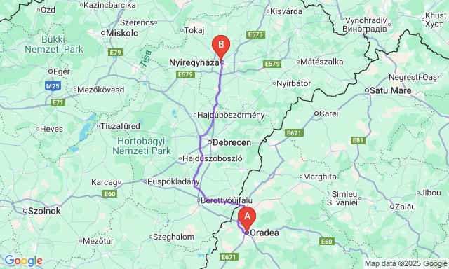 Route map Oradea - Nyíregyháza