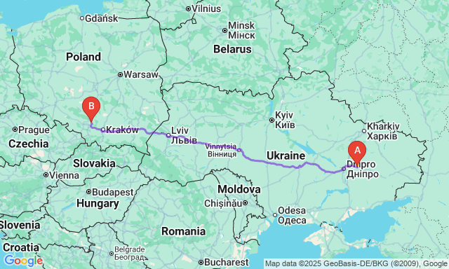 Карта маршрута Павлоград - Домброва-Гурнича