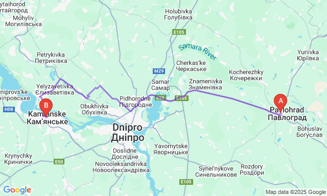 Карта маршруту Павлоград - Кам'янське
