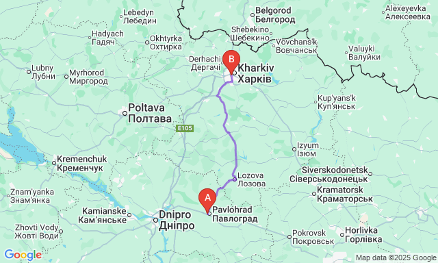 Карта маршруту Павлоград - Харків