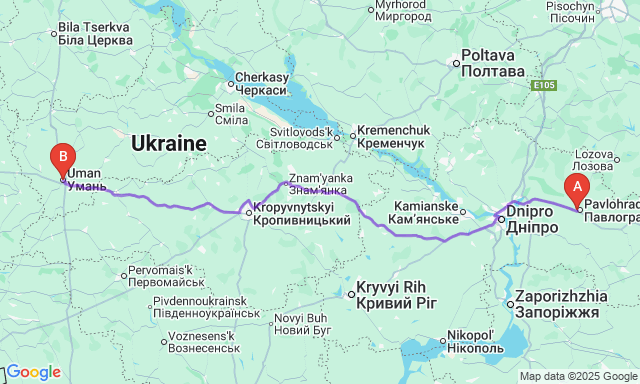 Карта маршруту Павлоград - Умань