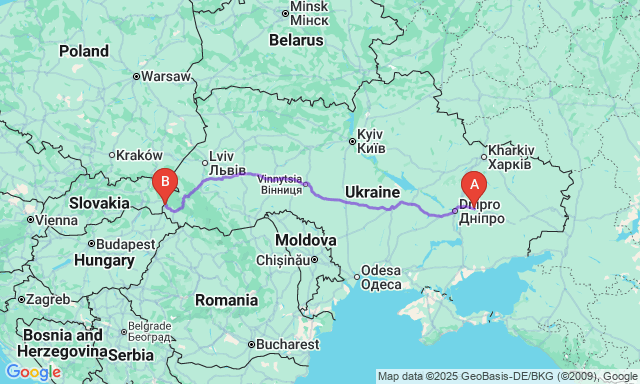 Карта маршруту Павлоград - Ужгород