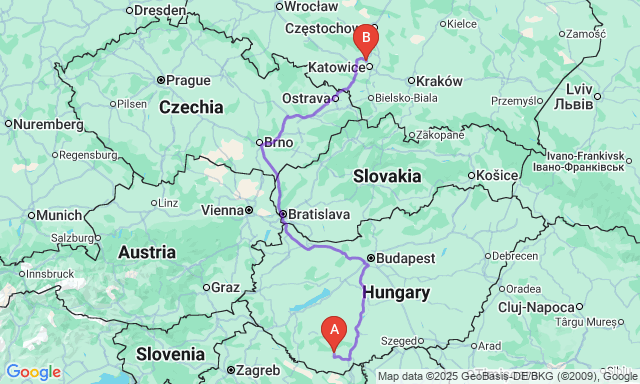 Route map Pécs - Bytom