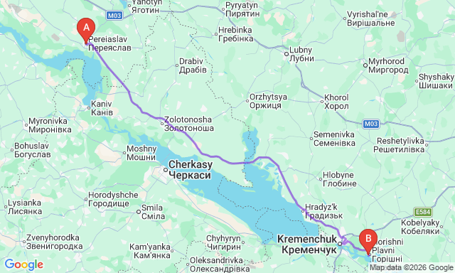 Карта маршруту Переяслав - Горішні Плавні
