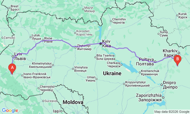 Route map Zlatopil - Dolyna