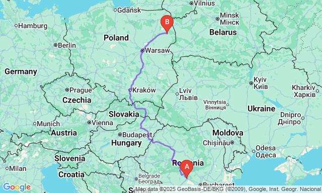 Route map Piteşti - Bialystok