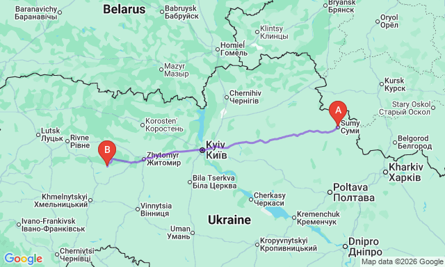Route map Polonne - Sumy