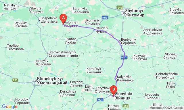 Карта маршрута Полонное - Винница