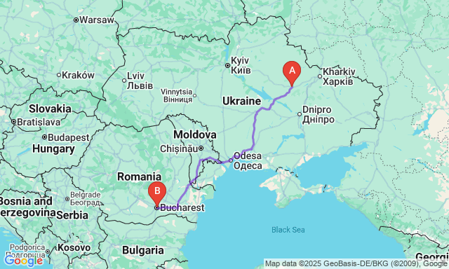 Карта маршруту Полтава - Бухарест