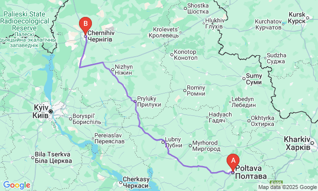 Карта маршруту Полтава - Чернігів