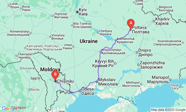 Карта маршруту Полтава - Кишинів