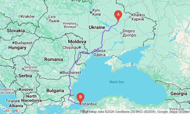 Карта маршруту Полтава - Стамбул